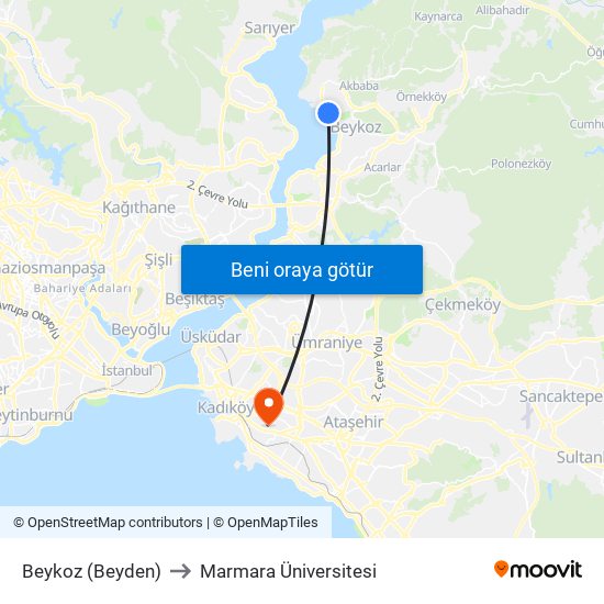 Beykoz (Beyden) to Marmara Üniversitesi map
