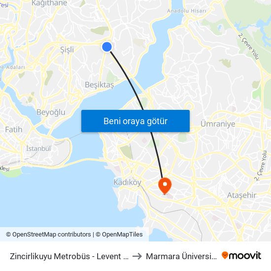 Zincirlikuyu Metrobüs - Levent Yönü to Marmara Üniversitesi map