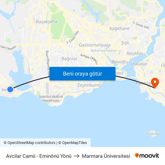 Avcilar Camii - Eminönü Yönü to Marmara Üniversitesi map