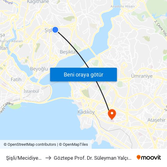 Şişli/Mecidiyeköy (M2) to Göztepe Prof. Dr. Süleyman Yalçın Şehir Hastanesi map