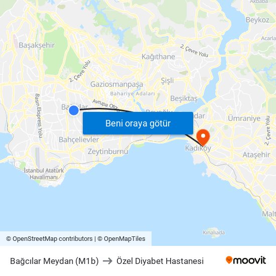 Bağcılar Meydan (M1b) to Özel Diyabet Hastanesi map