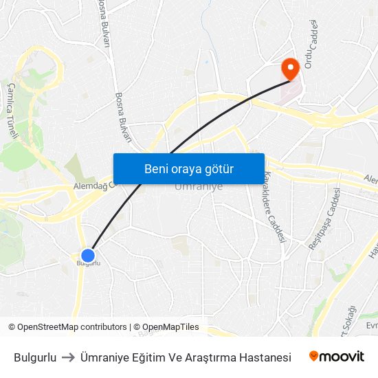 Bulgurlu to Ümraniye Eğitim Ve Araştırma Hastanesi map