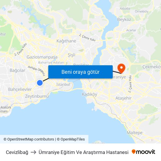 Cevizlibağ to Ümraniye Eğitim Ve Araştırma Hastanesi map