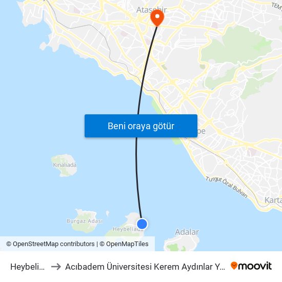 Heybeliada to Acıbadem Üniversitesi Kerem Aydınlar Yerleşkesi map