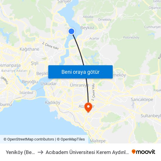 Yeniköy (Beyden) to Acıbadem Üniversitesi Kerem Aydınlar Yerleşkesi map