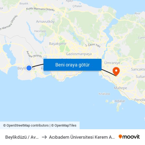 Beylikdüzü / Avcılar Yönü to Acıbadem Üniversitesi Kerem Aydınlar Yerleşkesi map