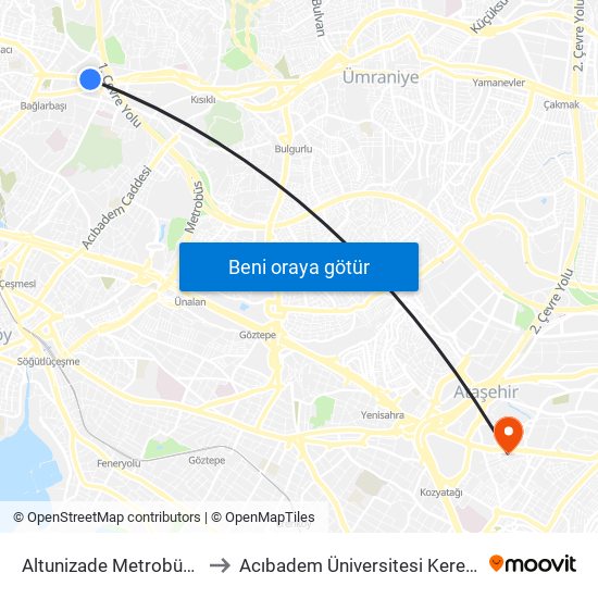Altunizade Metrobüs - Üsküdar Yönü to Acıbadem Üniversitesi Kerem Aydınlar Yerleşkesi map