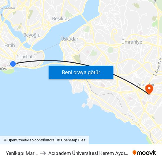 Yenikapı Marmaray to Acıbadem Üniversitesi Kerem Aydınlar Yerleşkesi map