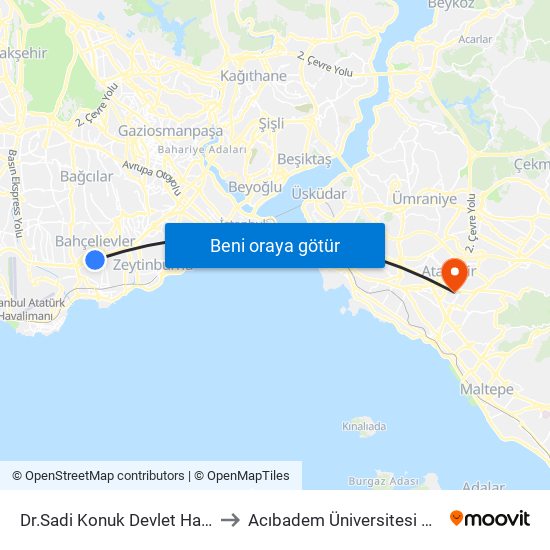 Dr.Sadi Konuk Devlet Hastanesi - Cevizlibag Yönü to Acıbadem Üniversitesi Kerem Aydınlar Yerleşkesi map