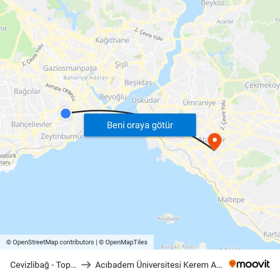 Cevizlibağ - Topkapi Yönü to Acıbadem Üniversitesi Kerem Aydınlar Yerleşkesi map