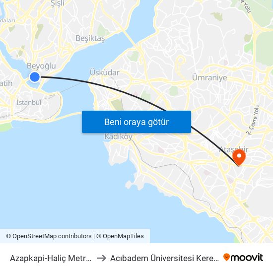 Azapkapi-Haliç Metro - Karaköy Yönü to Acıbadem Üniversitesi Kerem Aydınlar Yerleşkesi map