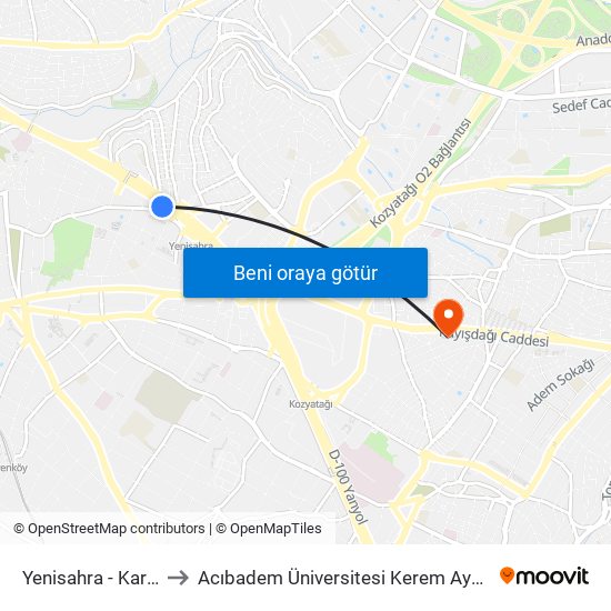 Yenisahra - Kartal Yönü to Acıbadem Üniversitesi Kerem Aydınlar Yerleşkesi map