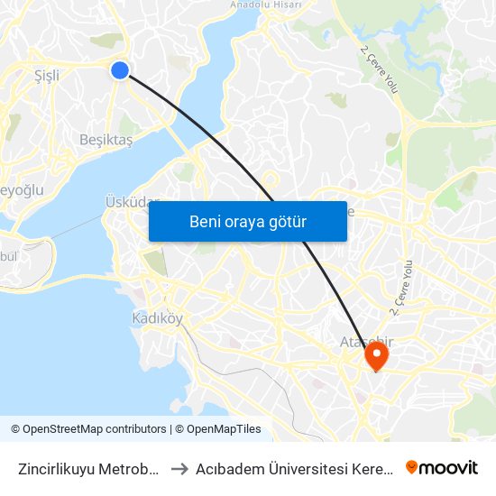 Zincirlikuyu Metrobüs - Levent Yönü to Acıbadem Üniversitesi Kerem Aydınlar Yerleşkesi map