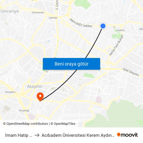 İmam Hatip Lisesi to Acıbadem Üniversitesi Kerem Aydınlar Yerleşkesi map