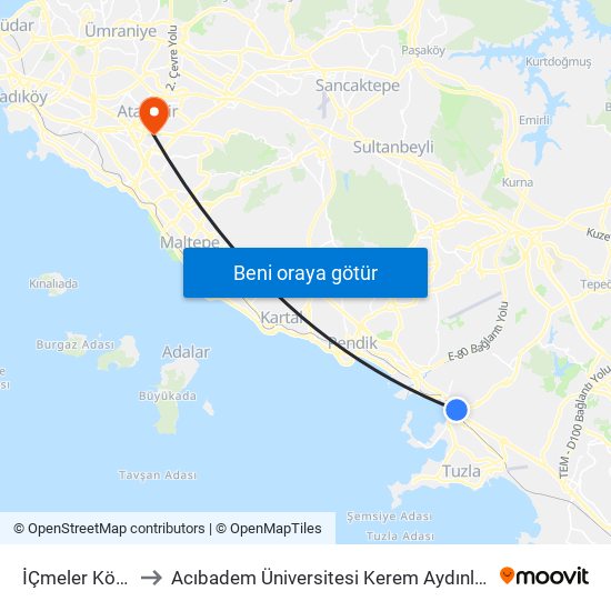 İÇmeler Köprüsü to Acıbadem Üniversitesi Kerem Aydınlar Yerleşkesi map