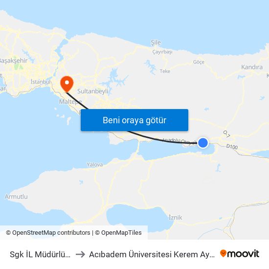 Sgk İL Müdürlüğü D 100 to Acıbadem Üniversitesi Kerem Aydınlar Yerleşkesi map