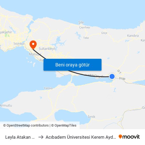 Leyla Atakan Caddesi to Acıbadem Üniversitesi Kerem Aydınlar Yerleşkesi map