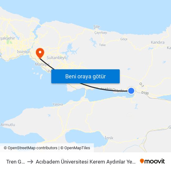 Tren Garı to Acıbadem Üniversitesi Kerem Aydınlar Yerleşkesi map