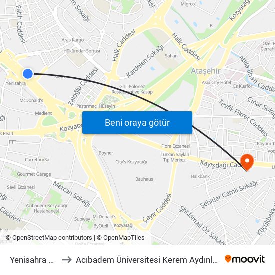 Yenisahra Metro to Acıbadem Üniversitesi Kerem Aydınlar Yerleşkesi map