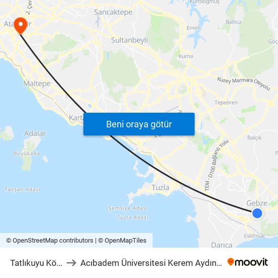 Tatlıkuyu Köprüsü to Acıbadem Üniversitesi Kerem Aydınlar Yerleşkesi map