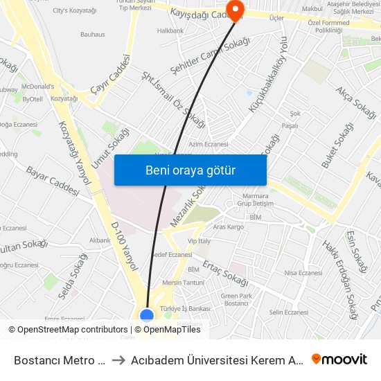 Bostancı Metro İstasyonu to Acıbadem Üniversitesi Kerem Aydınlar Yerleşkesi map