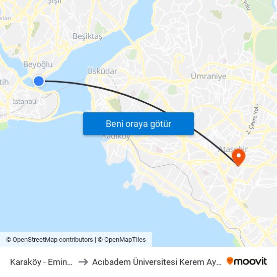 Karaköy - Eminönü Yönü to Acıbadem Üniversitesi Kerem Aydınlar Yerleşkesi map