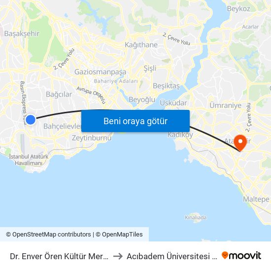 Dr. Enver Ören Kültür Merkezi - Yenibosna Metro Yönü to Acıbadem Üniversitesi Kerem Aydınlar Yerleşkesi map