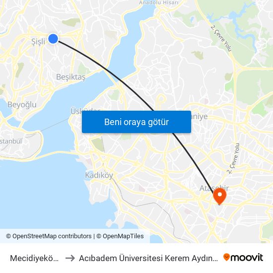 Mecidiyeköy (M7) to Acıbadem Üniversitesi Kerem Aydınlar Yerleşkesi map