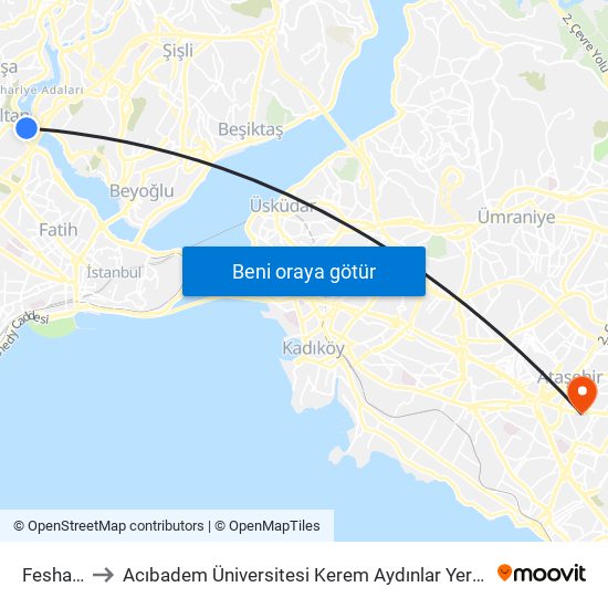 Feshane to Acıbadem Üniversitesi Kerem Aydınlar Yerleşkesi map