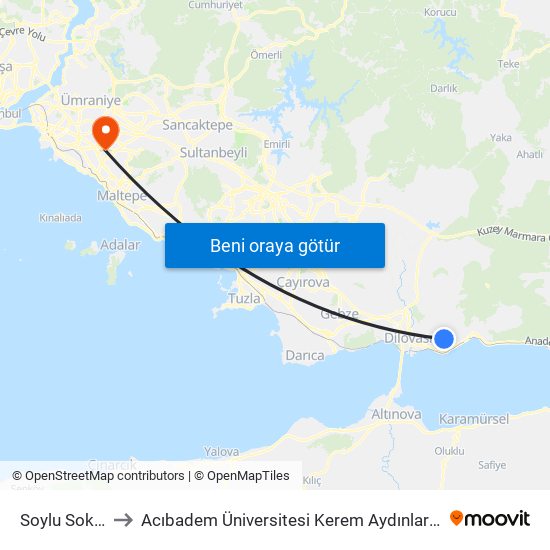 Soylu Sokak 1 to Acıbadem Üniversitesi Kerem Aydınlar Yerleşkesi map