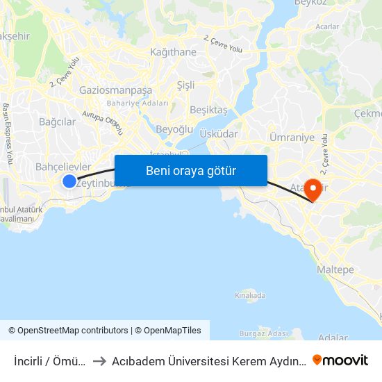 İncirli / Ömür Yönü to Acıbadem Üniversitesi Kerem Aydınlar Yerleşkesi map