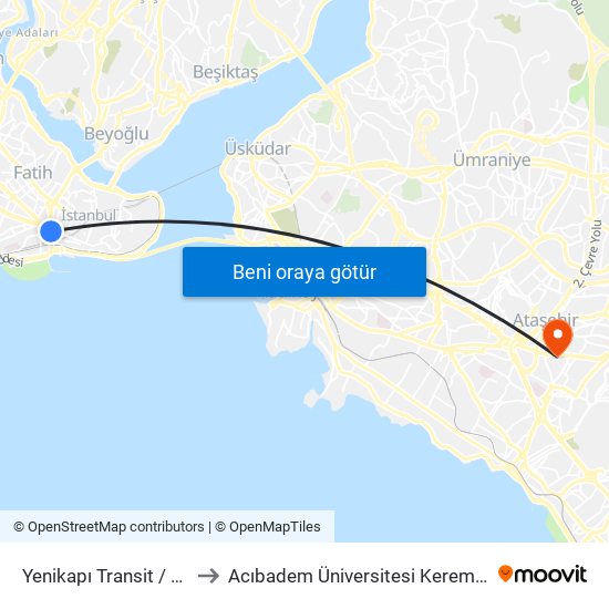 Yenikapı Transit / Aksaray Yönü to Acıbadem Üniversitesi Kerem Aydınlar Yerleşkesi map
