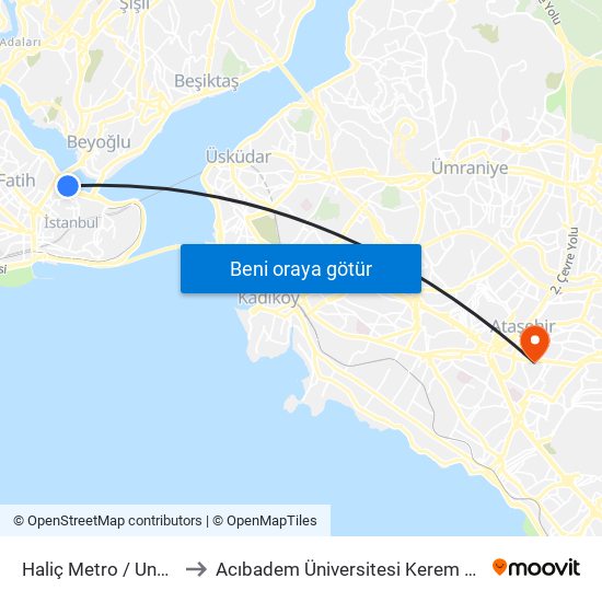 Haliç Metro / Unkapanı Yönü to Acıbadem Üniversitesi Kerem Aydınlar Yerleşkesi map