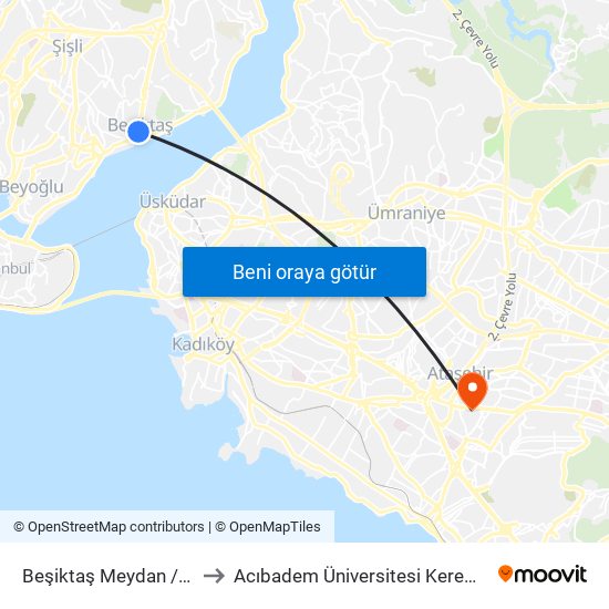 Beşiktaş Meydan / Kabataş Yönü to Acıbadem Üniversitesi Kerem Aydınlar Yerleşkesi map