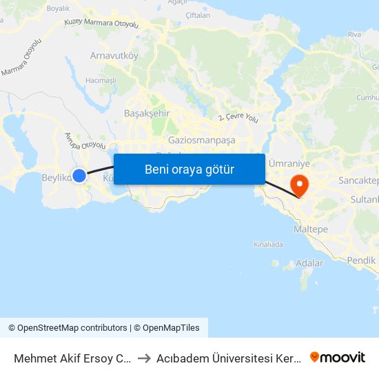 Mehmet Akif Ersoy Camii - Avcilar Yönü to Acıbadem Üniversitesi Kerem Aydınlar Yerleşkesi map