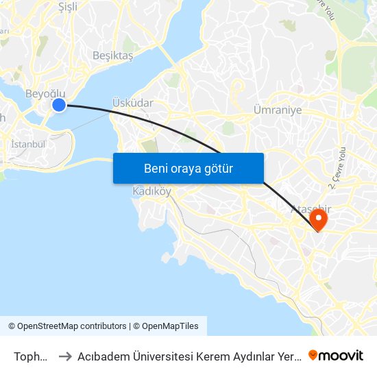 Tophane to Acıbadem Üniversitesi Kerem Aydınlar Yerleşkesi map