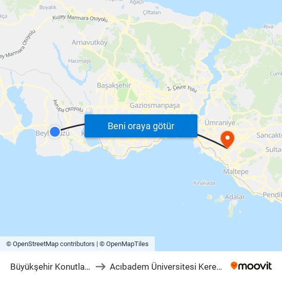 Büyükşehir Konutlar - Avcilar Yönü to Acıbadem Üniversitesi Kerem Aydınlar Yerleşkesi map