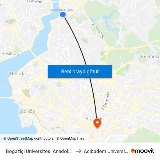 Boğaziçi Üniversitesi Anadolu Hisari Kampüsü - Kavacik Köprüsü 15n Yönü to Acıbadem Üniversitesi Kerem Aydınlar Yerleşkesi map