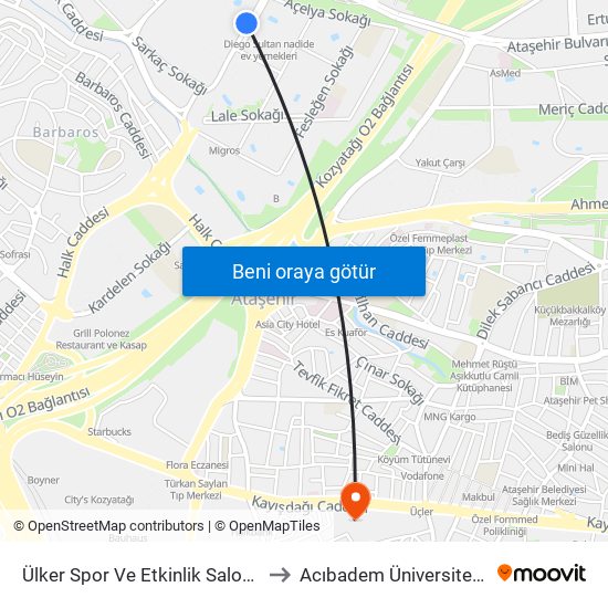 Ülker Spor Ve Etkinlik Salonu - Ülker Spor Etkinlik Salonu Yönü to Acıbadem Üniversitesi Kerem Aydınlar Yerleşkesi map