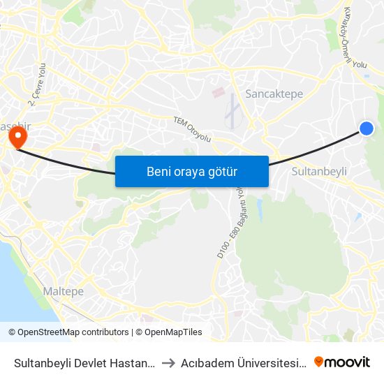 Sultanbeyli Devlet Hastanesi - Battalgazi Peronlar Yönü to Acıbadem Üniversitesi Kerem Aydınlar Yerleşkesi map