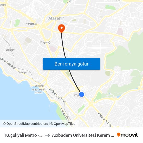 Küçükyali Metro - Kartal Yönü to Acıbadem Üniversitesi Kerem Aydınlar Yerleşkesi map