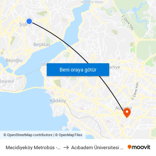 Mecidiyeköy Metrobüs - 92ş-E58-33m-33tm Yönü to Acıbadem Üniversitesi Kerem Aydınlar Yerleşkesi map