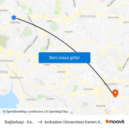 Bağlarbaşi - Kadiköy Yönü to Acıbadem Üniversitesi Kerem Aydınlar Yerleşkesi map