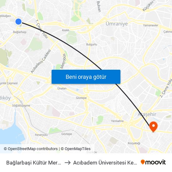 Bağlarbaşi Kültür Merkezi - Ümraniye Yönü to Acıbadem Üniversitesi Kerem Aydınlar Yerleşkesi map