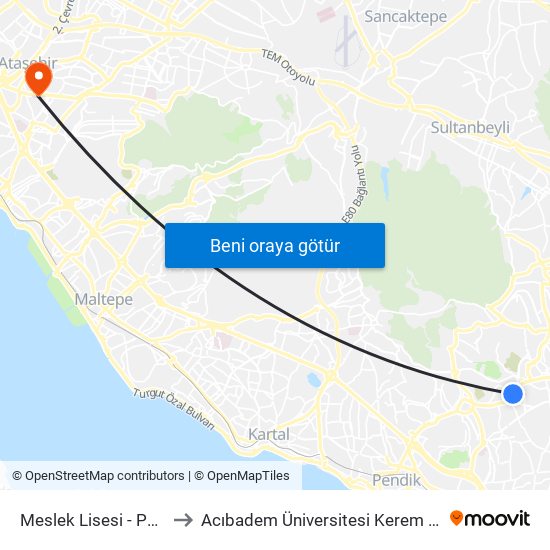 Meslek Lisesi - Parseller Yönü to Acıbadem Üniversitesi Kerem Aydınlar Yerleşkesi map