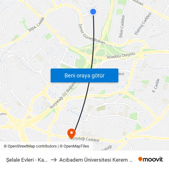 Şelale Evleri - Kadiköy Yönü to Acıbadem Üniversitesi Kerem Aydınlar Yerleşkesi map