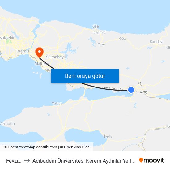 Fevziye to Acıbadem Üniversitesi Kerem Aydınlar Yerleşkesi map