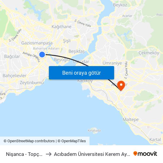 Nişanca - Topçular Yönü to Acıbadem Üniversitesi Kerem Aydınlar Yerleşkesi map