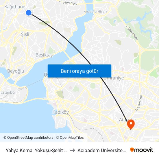 Yahya Kemal Yokuşu-Şehit Mehmet Ali Kiliç - Kagithane Yönü to Acıbadem Üniversitesi Kerem Aydınlar Yerleşkesi map