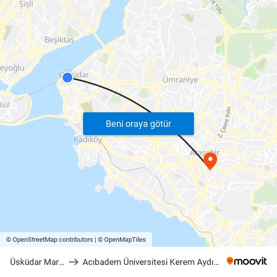 Üsküdar Marmaray to Acıbadem Üniversitesi Kerem Aydınlar Yerleşkesi map